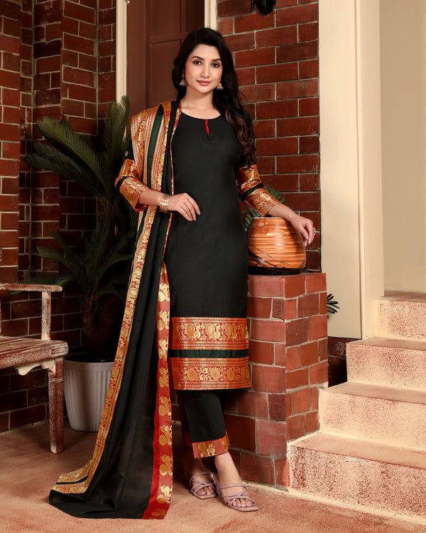 Jyoti Fashion Women's Black Kanchi Cotton Jacquard Designer Kurta Set with Dupatta