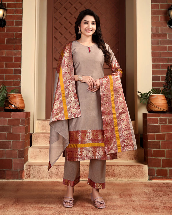 Jyoti Fashion Women's Grey Kanchi Cotton Jacquard Designer Kurta Set with Dupatta