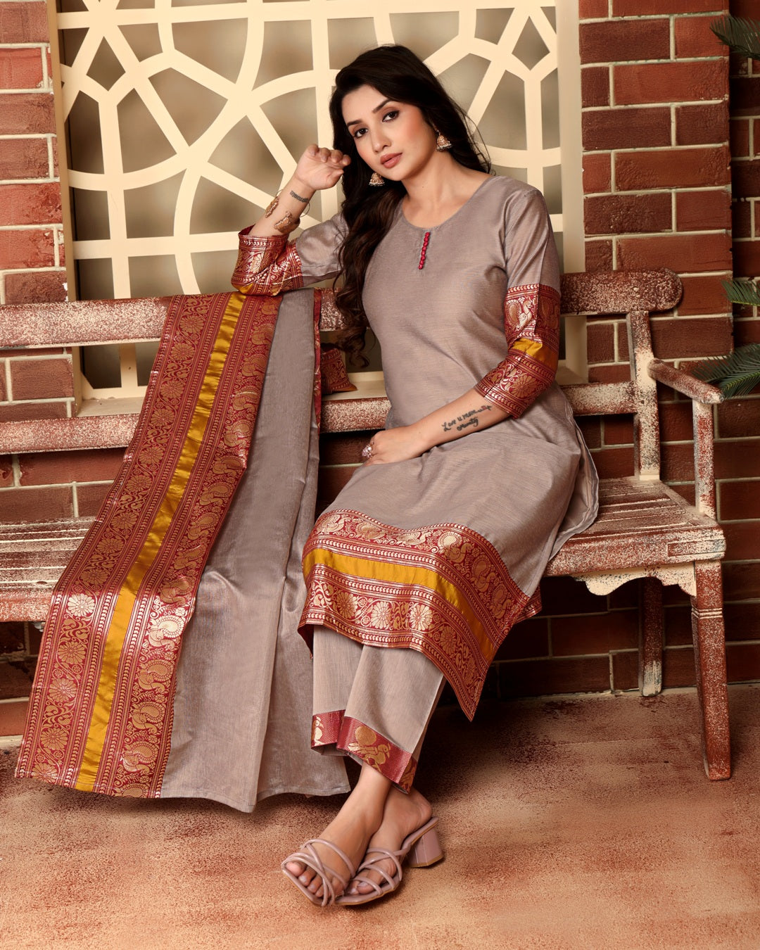 Jyoti Fashion Women's Grey Kanchi Cotton Jacquard Designer Kurta Set with Dupatta