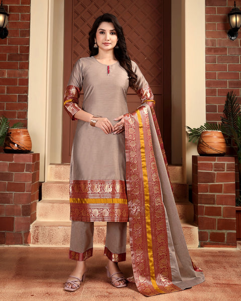 Jyoti Fashion Women's Grey Kanchi Cotton Jacquard Designer Kurta Set with Dupatta