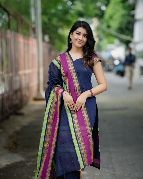 Jyoti Fashion Women's Navy Blue Kanchi Cotton Zari Woven Designer Kurti with Dupatta