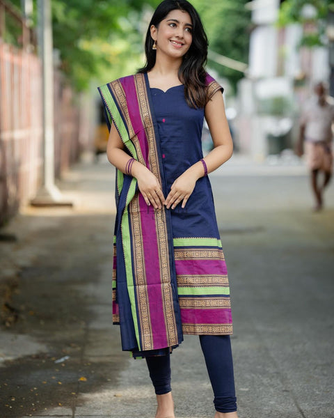 Jyoti Fashion Women's Navy Blue Kanchi Cotton Zari Woven Designer Kurti with Dupatta