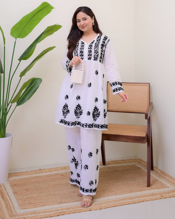 Jyoti Fashion Women's White Rayon Slub Embroidered Designer Kurti with Plazo