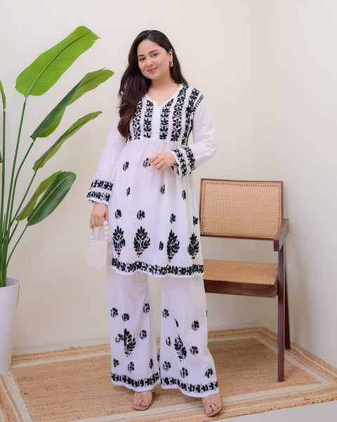 Jyoti Fashion Women's White Rayon Slub Embroidered Designer Kurti with Plazo