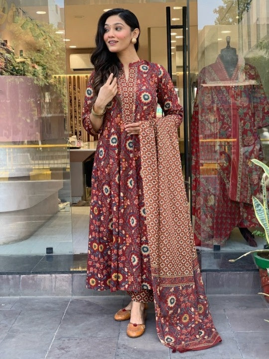 Jyoti Fashion Women's Maroon Rayon Slub Floral Printed Designer Kurta Set with Dupatta