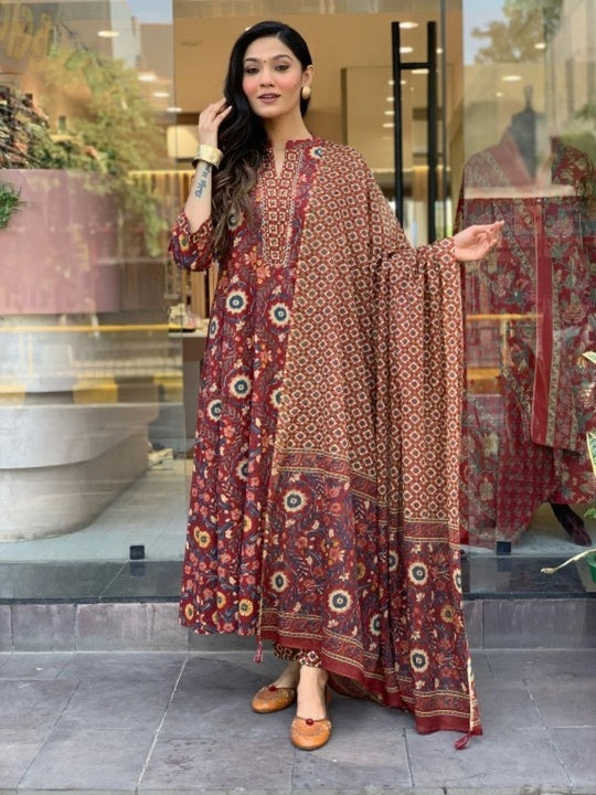 Jyoti Fashion Women's Maroon Rayon Slub Floral Printed Designer Kurta Set with Dupatta