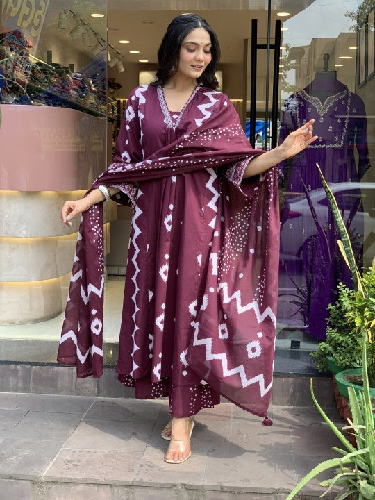 Jyoti Fashion Women's Wine Rayon Slub Printed Designer Kurta Set with Dupatta