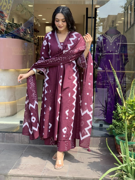 Jyoti Fashion Women's Wine Rayon Slub Printed Designer Kurta Set with Dupatta