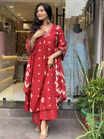 Thumbnail for Jyoti Fashion Women's Red Rayon Slub Printed Designer Kurta Set with Dupatta