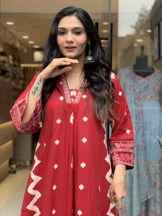 Jyoti Fashion Women's Red Rayon Slub Printed Designer Kurta Set with Dupatta