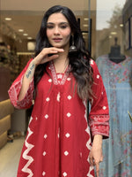 Thumbnail for Jyoti Fashion Women's Red Rayon Slub Printed Designer Kurta Set with Dupatta