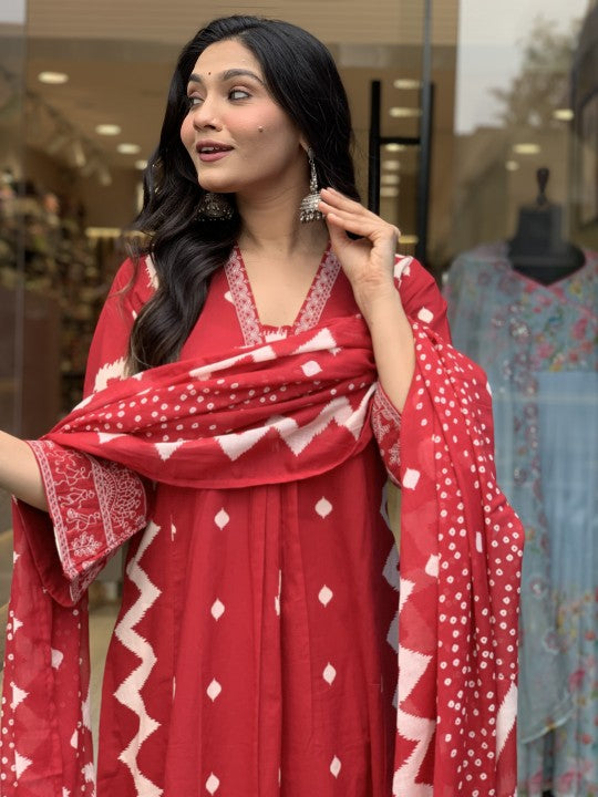 Jyoti Fashion Women's Red Rayon Slub Printed Designer Kurta Set with Dupatta