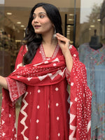 Thumbnail for Jyoti Fashion Women's Red Rayon Slub Printed Designer Kurta Set with Dupatta