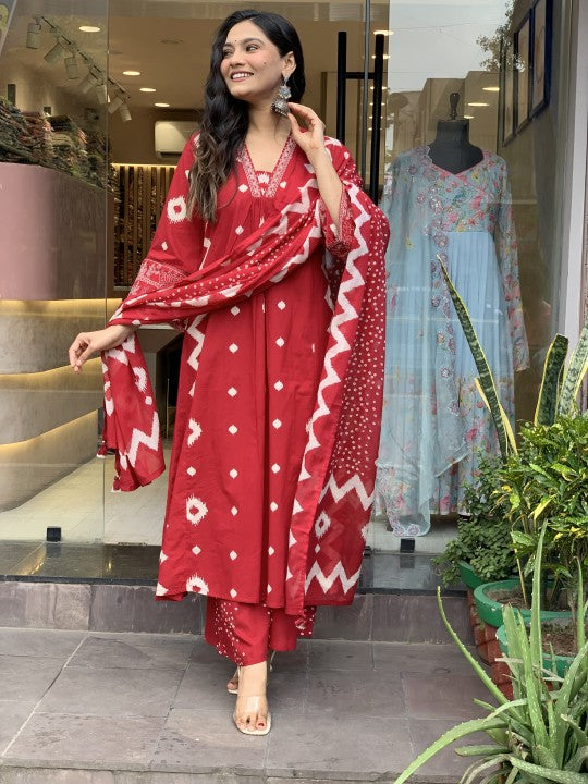 Jyoti Fashion Women's Red Rayon Slub Printed Designer Kurta Set with Dupatta