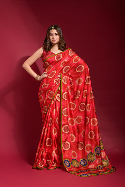 Jyoti Fashion Women's Red Emboss Foil Printed Soft Silk Saree with Blouse - Distacart