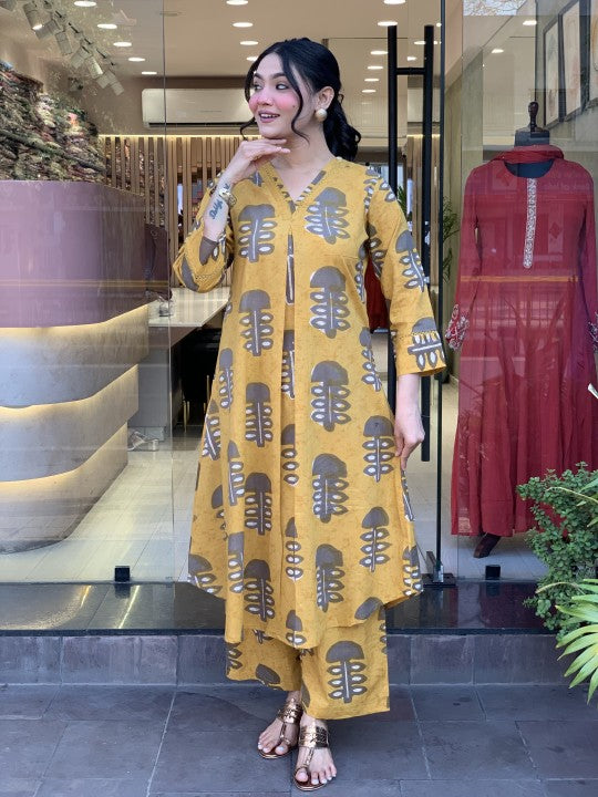 Jyoti Fashion Women's Yellow Rayon Slub Printed Designer Kurta Set with Dupatta