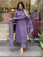 Thumbnail for Jyoti Fashion Women's Purple Rayon Slub Printed Designer Kurta Set with Dupatta