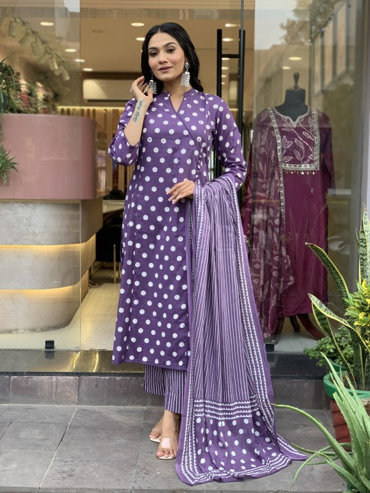 Jyoti Fashion Women's Purple Rayon Slub Printed Designer Kurta Set with Dupatta