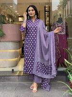Thumbnail for Jyoti Fashion Women's Purple Rayon Slub Printed Designer Kurta Set with Dupatta