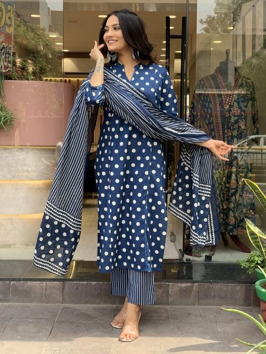 Jyoti Fashion Women's Blue Rayon Slub Printed Designer Kurta Set with Dupatta