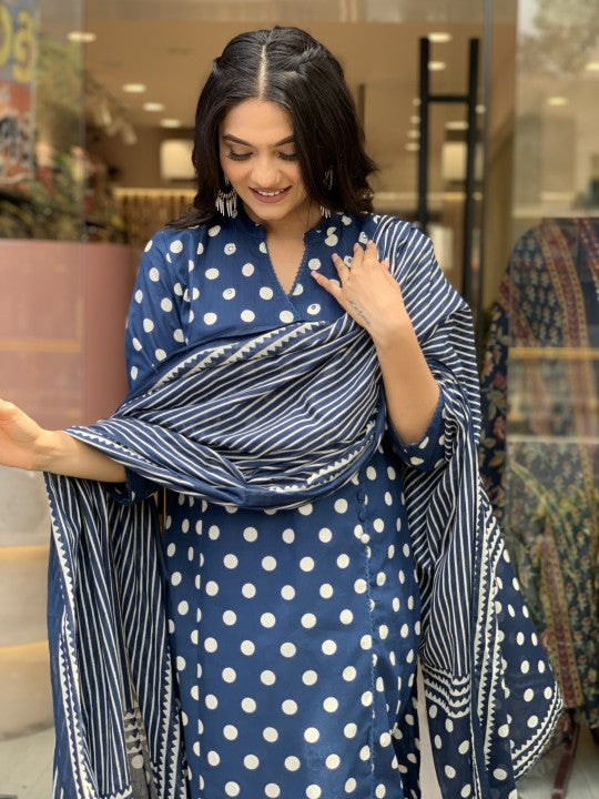 Jyoti Fashion Women's Blue Rayon Slub Printed Designer Kurta Set with Dupatta
