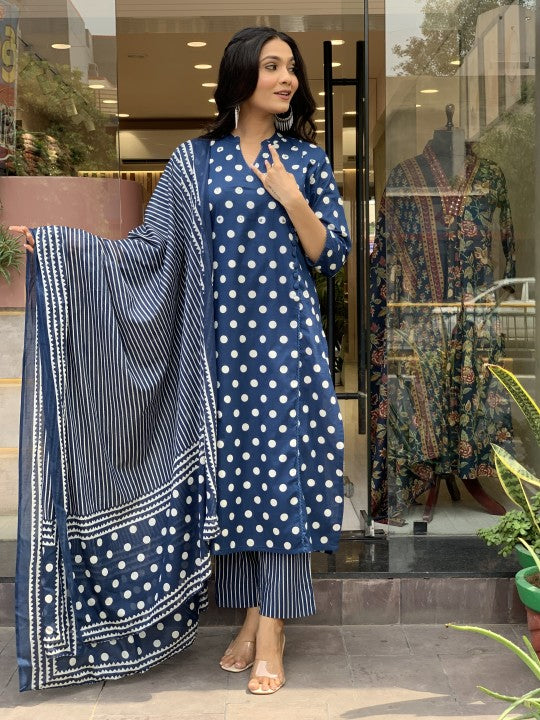 Jyoti Fashion Women's Blue Rayon Slub Printed Designer Kurta Set with Dupatta