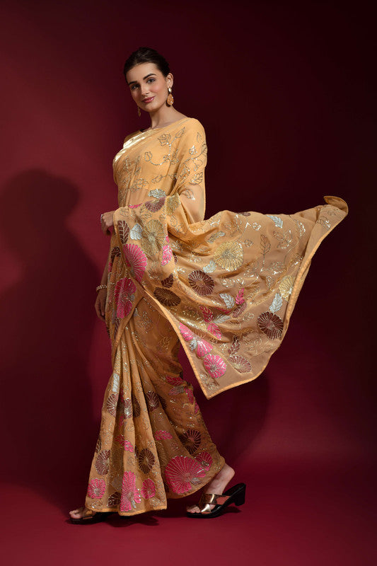 Jyoti Fashion Women's Chiku Sequence Embroidery Georgette Saree with Blouse - Distacart