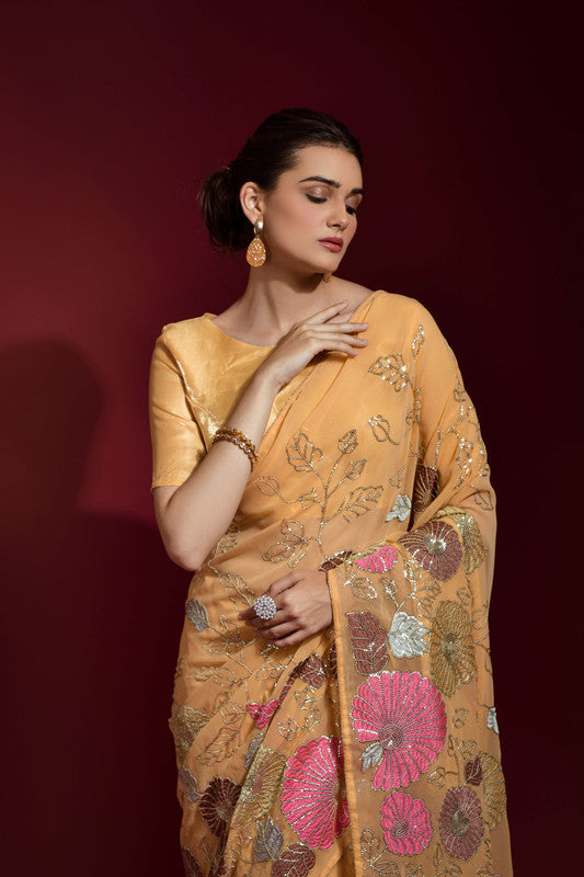 Jyoti Fashion Women's Chiku Sequence Embroidery Georgette Saree with Blouse - Distacart