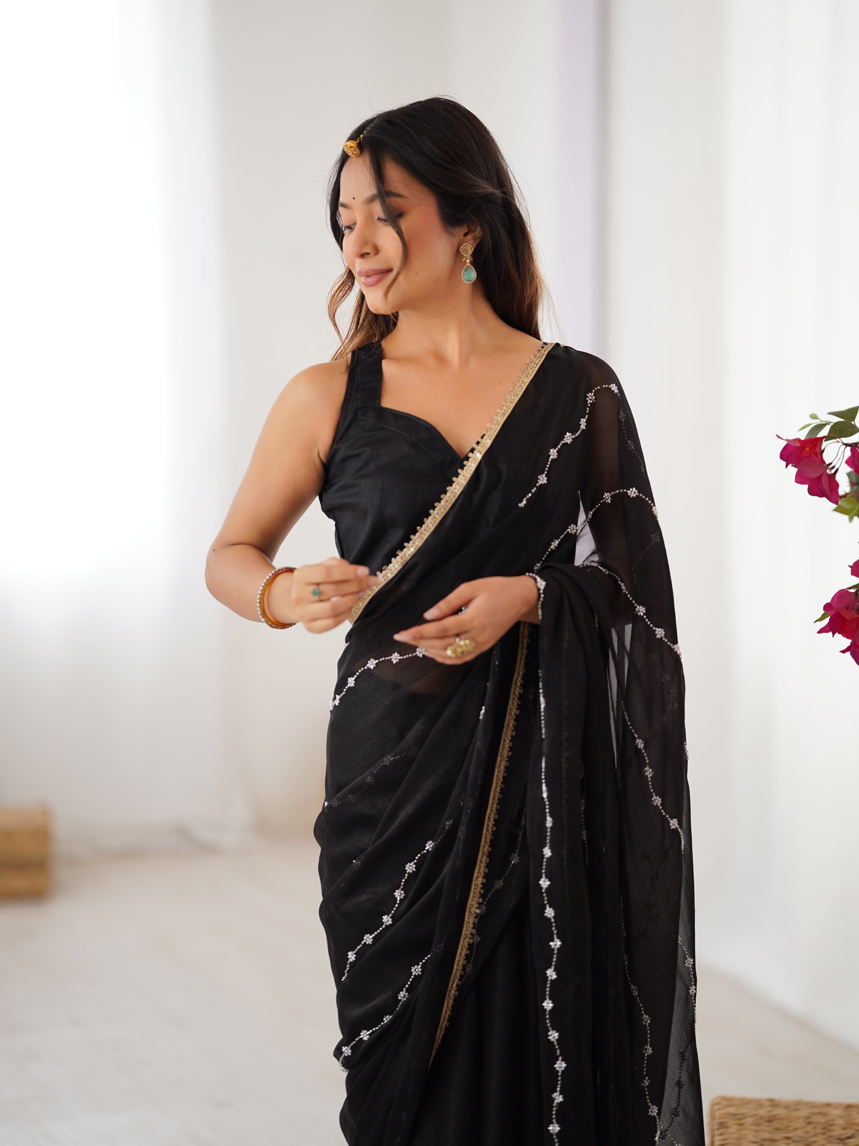Jyoti Fashion Women's Black Soft Sitara Embroidered Designer Saree with Blouse