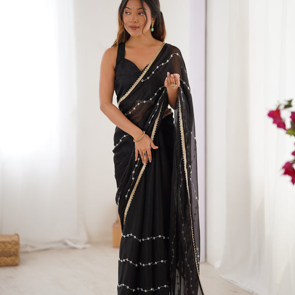 Jyoti Fashion Women's Black Soft Sitara Embroidered Designer Saree with Blouse - Distacart