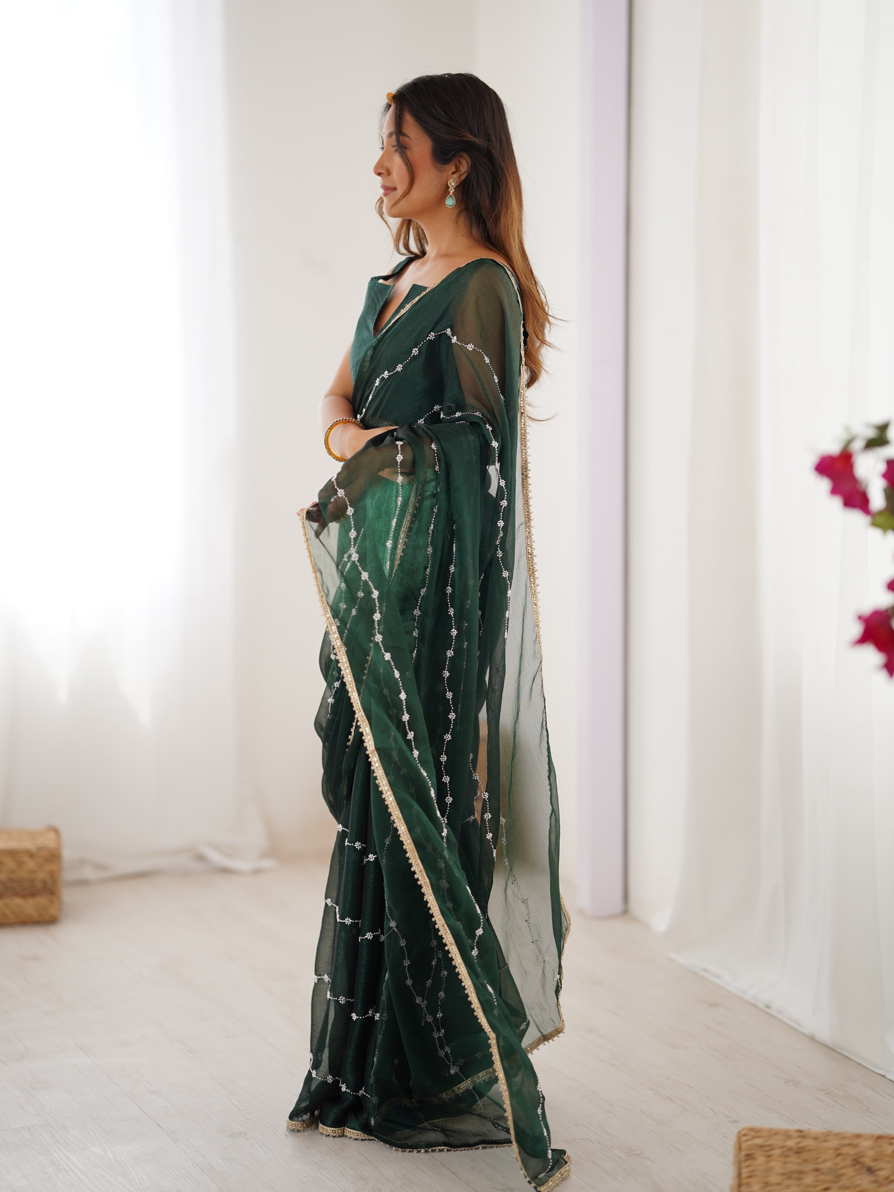 Jyoti Fashion Women's Bottle Green Soft Sitara Embroidered Designer Saree with Blouse