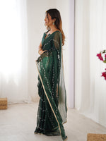 Thumbnail for Jyoti Fashion Women's Bottle Green Soft Sitara Embroidered Designer Saree with Blouse