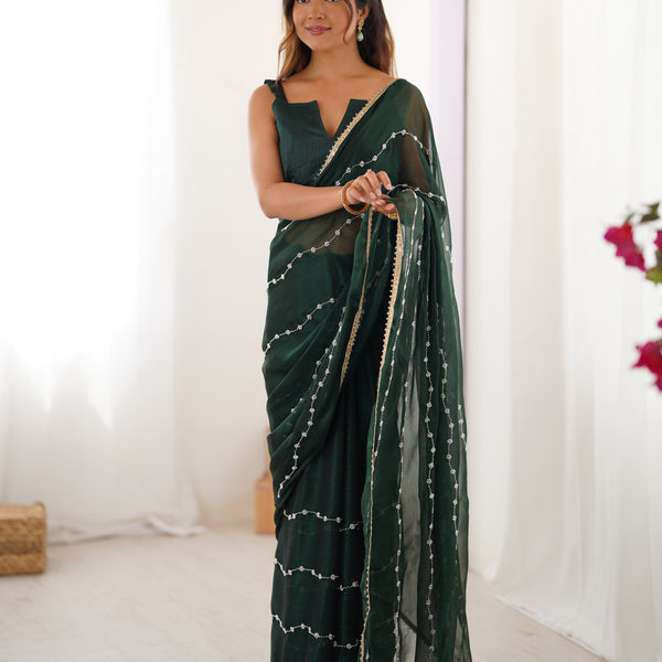 Jyoti Fashion Women's Bottle Green Soft Sitara Embroidered Designer Saree with Blouse