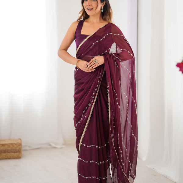 Jyoti Fashion Women's Wine Soft Sitara Embroidered Designer Saree with Blouse