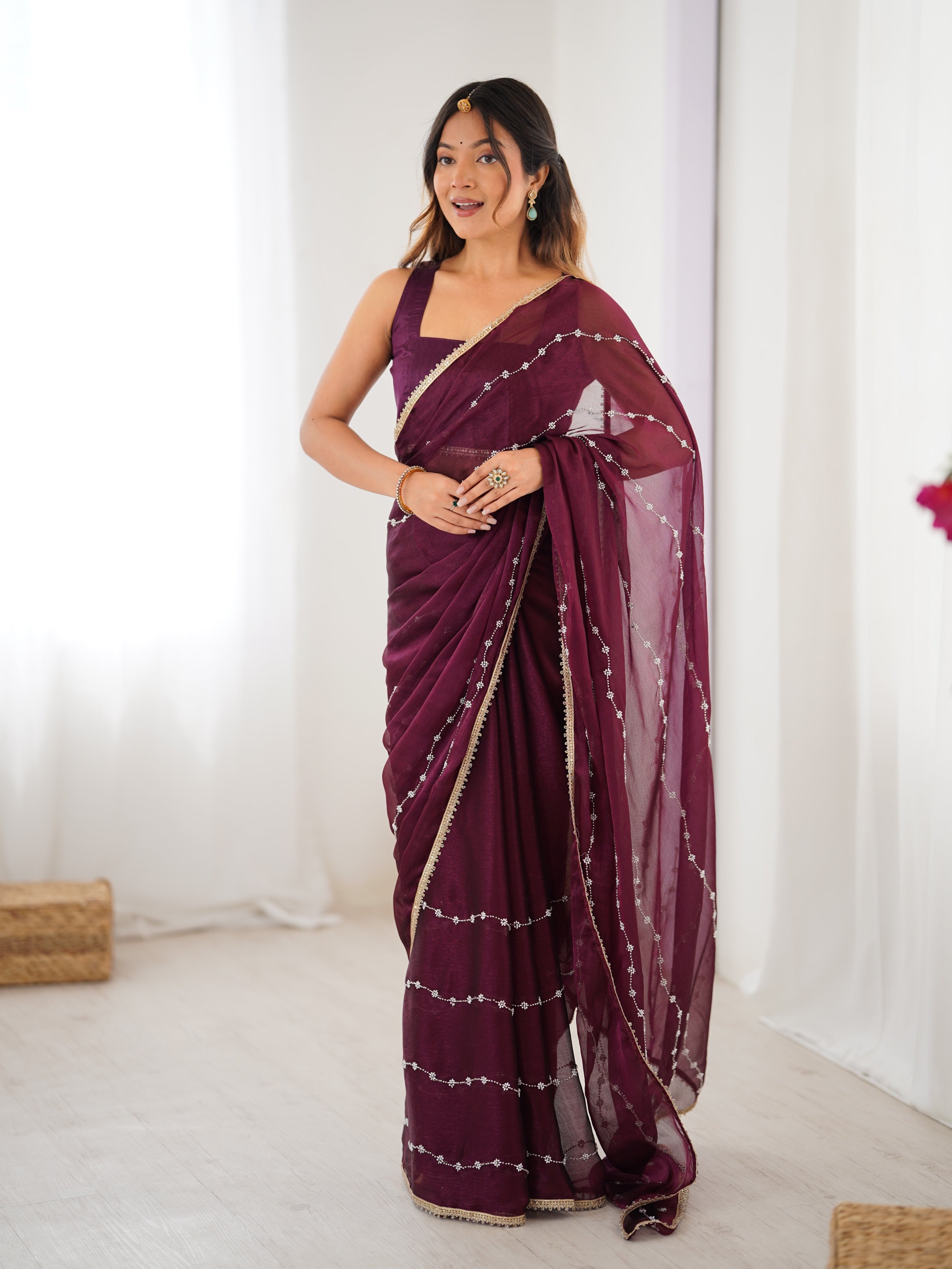 Jyoti Fashion Women's Wine Soft Sitara Embroidered Designer Saree with Blouse - Distacart