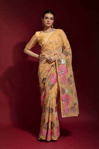 Jyoti Fashion Women's Chiku Sequence Embroidery Georgette Saree with Blouse - Distacart