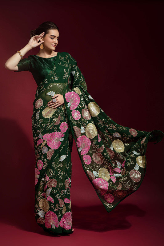 Jyoti Fashion Women's Green Sequence Embroidery Georgette Saree with Blouse - Distacart