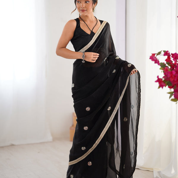 Jyoti Fashion Women's Black Fandy Silk Embroidered Designer Saree with Blouse