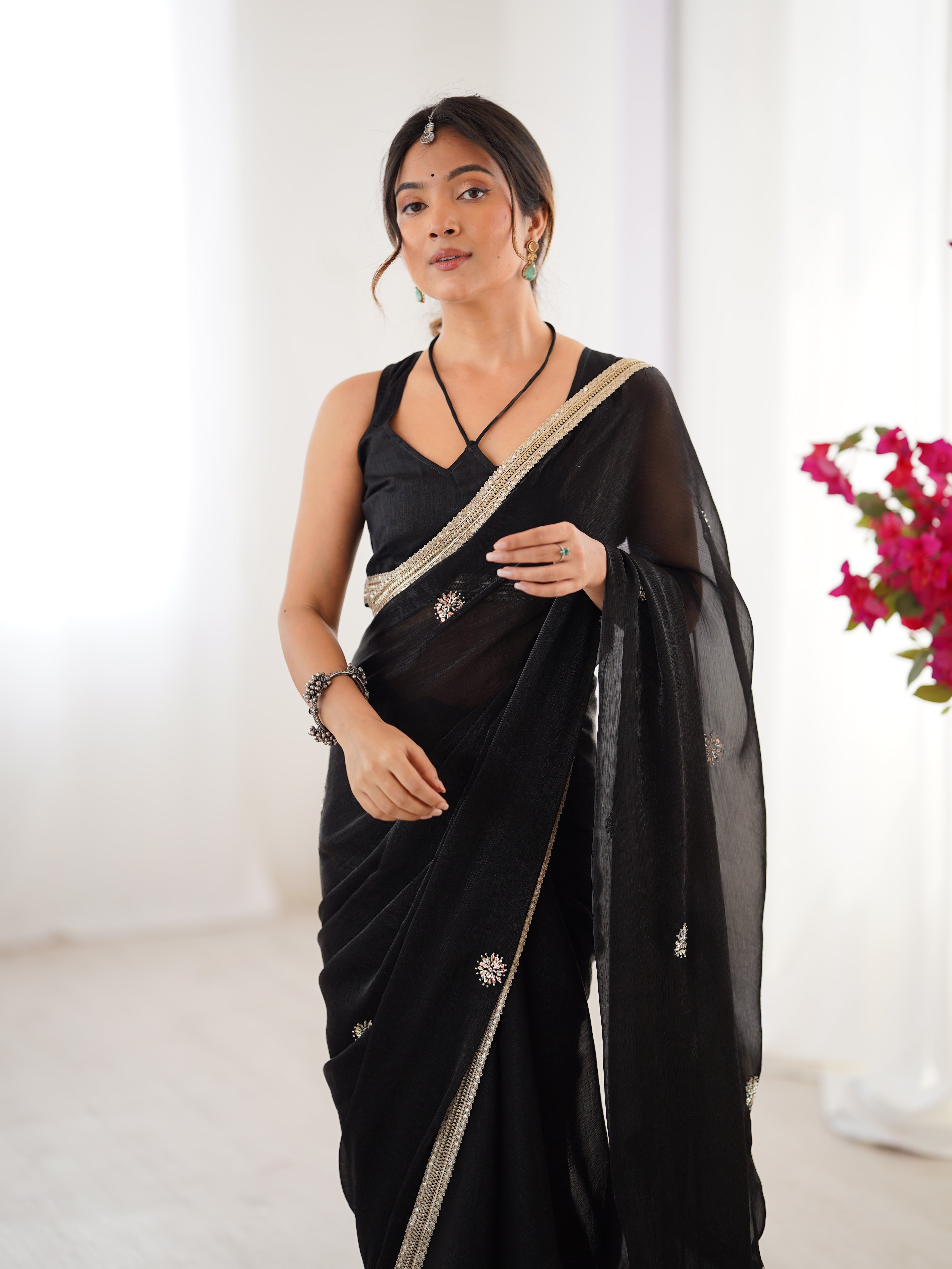 Jyoti Fashion Women's Black Fandy Silk Embroidered Designer Saree with Blouse