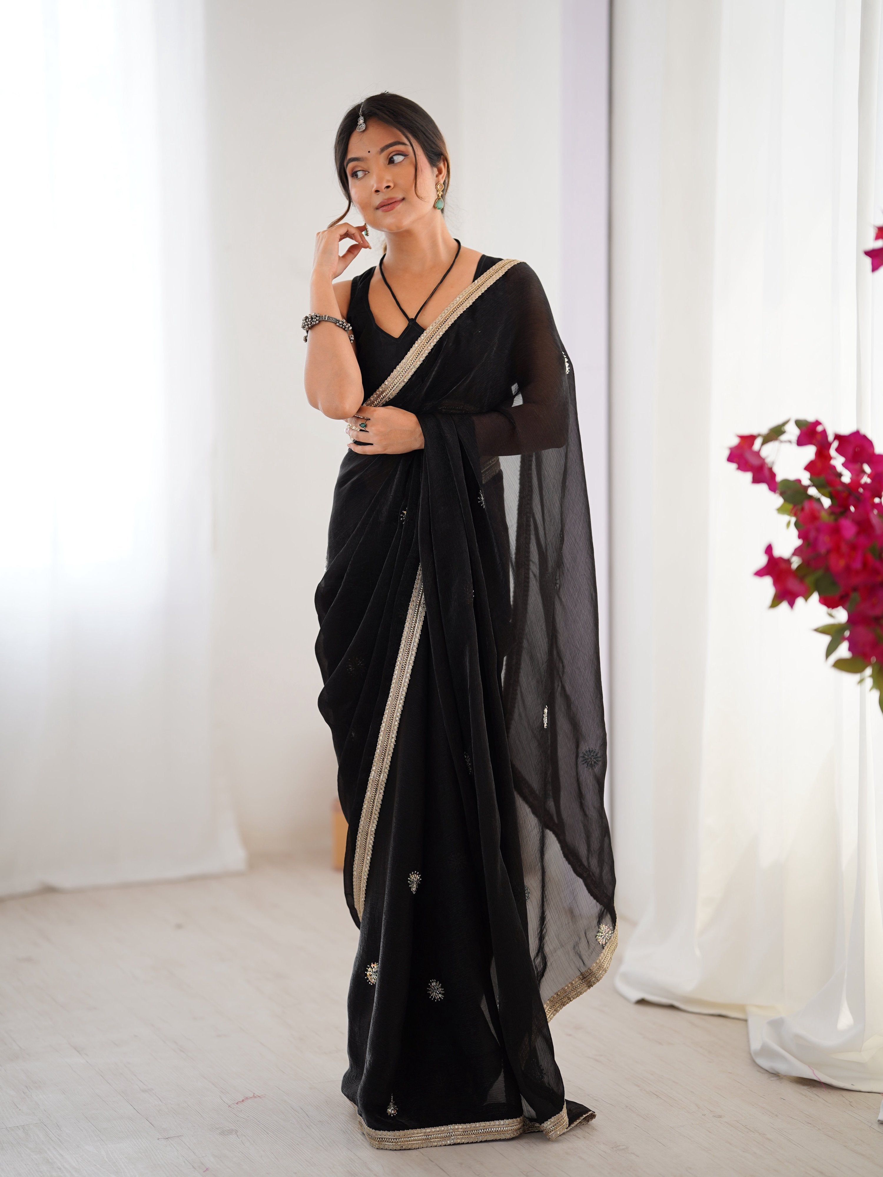 Jyoti Fashion Women's Black Fandy Silk Embroidered Designer Saree with Blouse