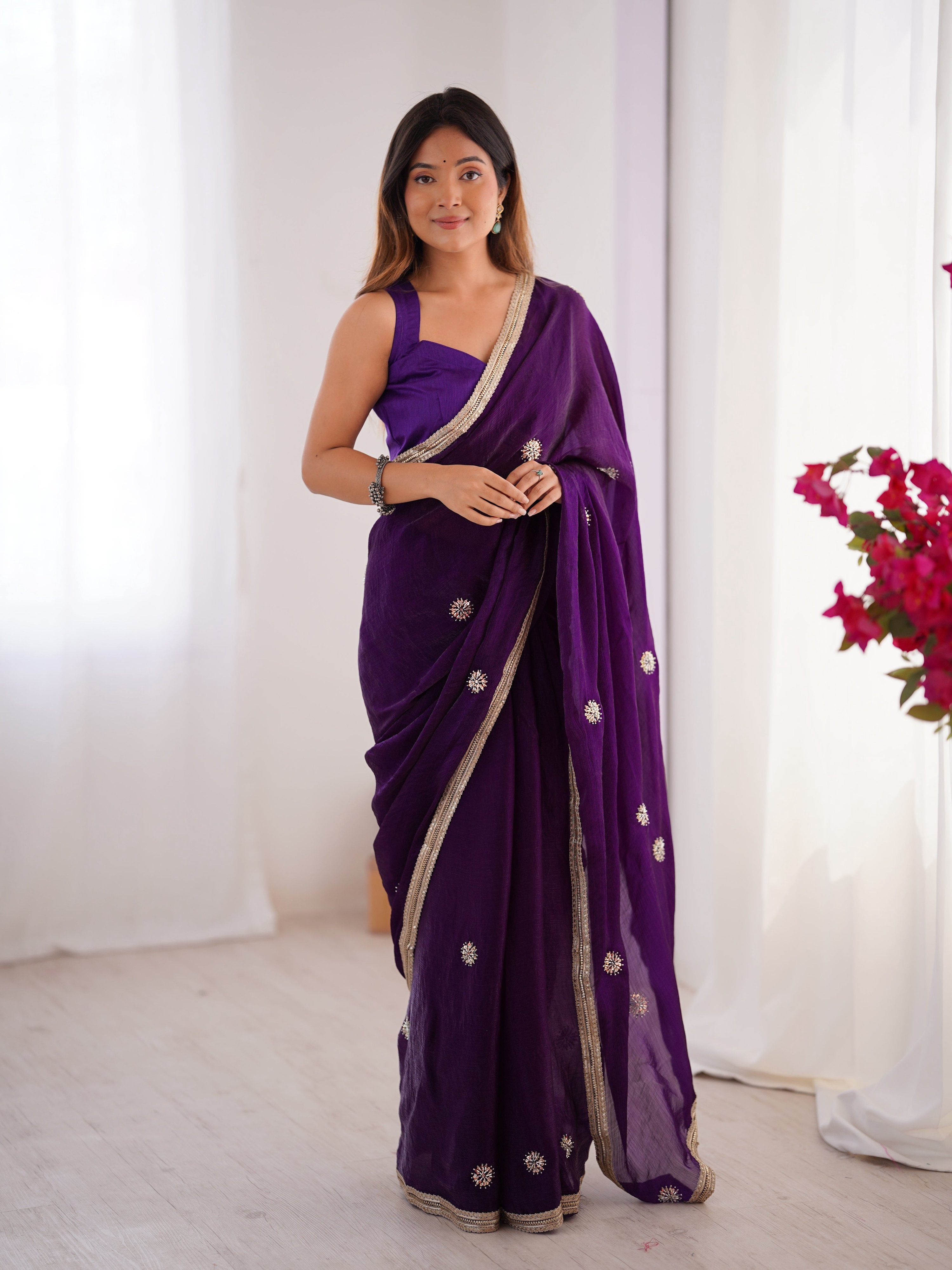 Jyoti Fashion Women's Purple Fandy Silk Embroidered Designer Saree with Blouse