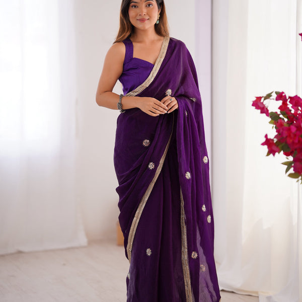 Jyoti Fashion Women's Purple Fandy Silk Embroidered Designer Saree with Blouse - Distacart