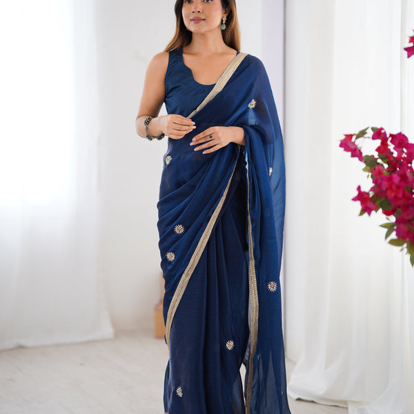 Jyoti Fashion Women's Teal Fandy Silk Embroidered Designer Saree with Blouse