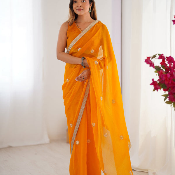 Jyoti Fashion Women's Yellow Fandy Silk Embroidered Designer Saree with Blouse - Distacart