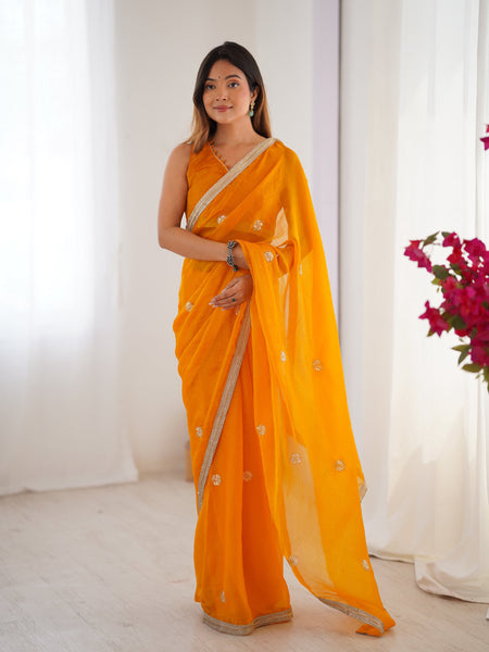 Jyoti Fashion Women's Yellow Fandy Silk Embroidered Designer Saree with Blouse