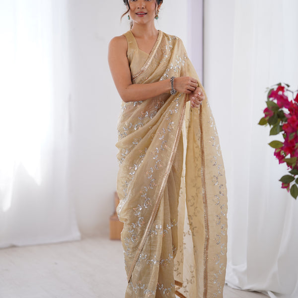 Jyoti Fashion Women's Beige Soft Gold Crush Embroidered Designer Saree with Blouse - Distacart