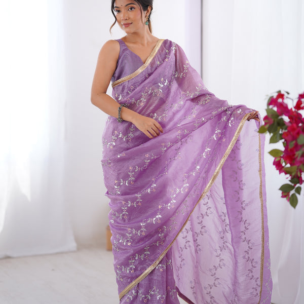 Jyoti Fashion Women's Purple Soft Gold Crush Embroidered Designer Saree with Blouse