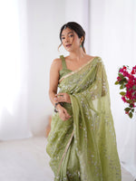 Thumbnail for Jyoti Fashion Women's Sea Green Soft Gold Crush Embroidered Designer Saree with Blouse