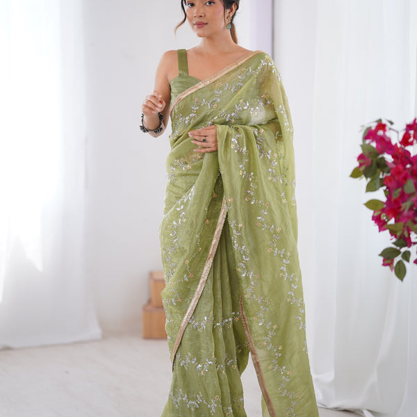 Jyoti Fashion Women's Sea Green Soft Gold Crush Embroidered Designer Saree with Blouse - Distacart