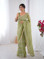 Thumbnail for Jyoti Fashion Women's Sea Green Soft Gold Crush Embroidered Designer Saree with Blouse